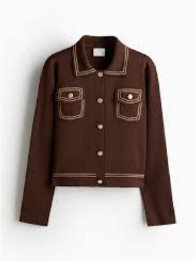 H&M Brown Cropped Button-Up Cardigan with Contrast Stitching